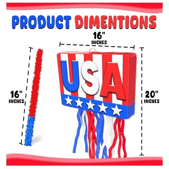Independence Day USA Small Piñata Set With Stick, Red White Blue 4th of July - Picture 2 of 4